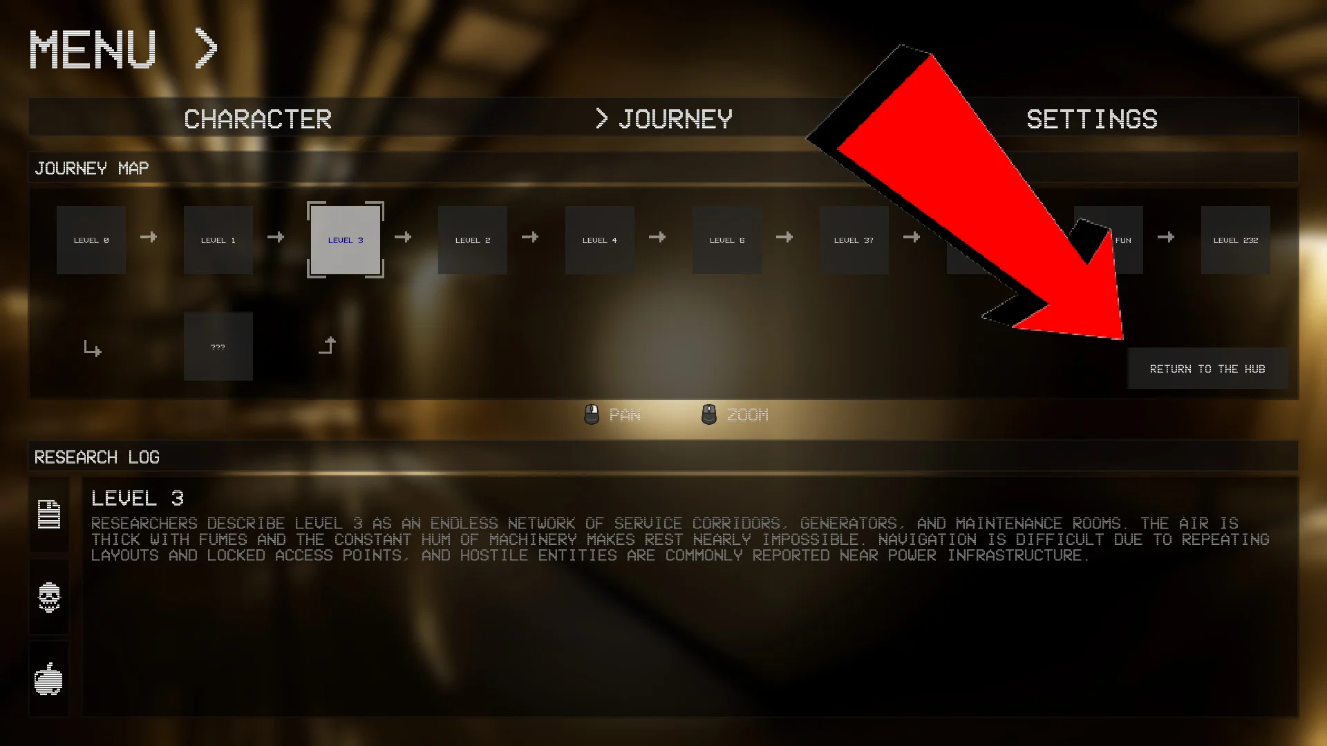 The Return to the Hub button in the menu, on the way to Secret Level ???, Backrooms: Escape Together